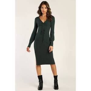 Lulus Cozy Upgrade Emerald Green Ribbed Ruched Sweater Midi Dress - Size S